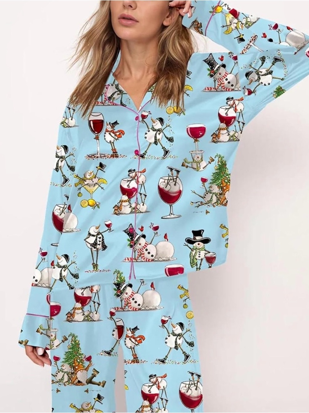 Women’s Light Blue Snowman Holiday Pajama Set with Wine Glass Print